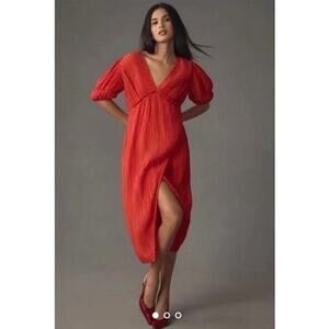 Anthropologie V-Neck Pleated Slim Midi Dress Red Holiday Party Christmas Chic S